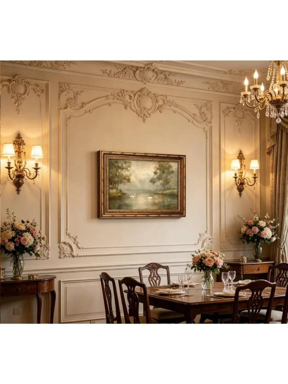 Vintage Gold Framed Swan Lake Canvas Art - Rustic Romantic Landscape Print for